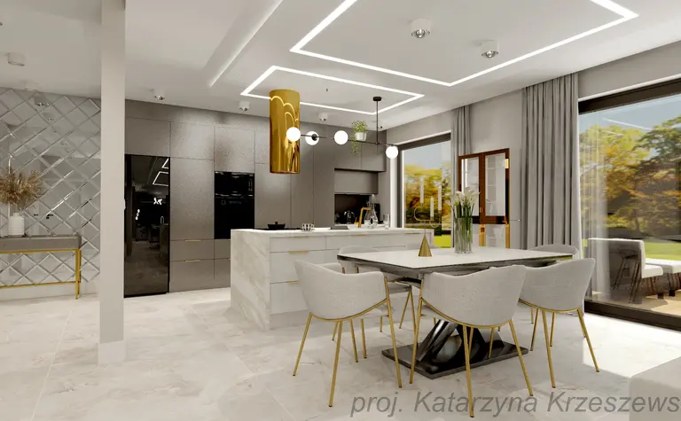Wnętrze kuchni z nowoczesnymi meblami, glamour i minimalistycznym stylem