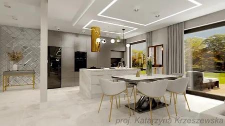Wnętrze kuchni z nowoczesnymi meblami, glamour i minimalistycznym stylem