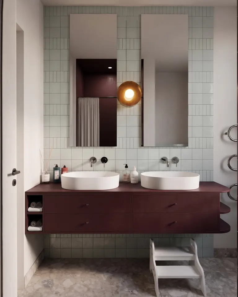 Łazienka dopamine decor, minimalistyczny, nowoczesny, skandynawski, soft minimalizm z podwójną umywalką