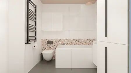 Nowoczesna łazienka z białymi meblami i terakotą, minimalistyczny design.