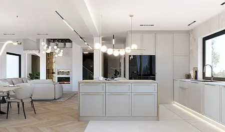 Nowoczesna kuchnia w stylu art deco i quiet luxury z szarymi meblami