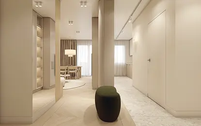Wnętrze przedpokoju w stylu japandi z minimalistycznym designem, jasnymi kolorami i drewnem.