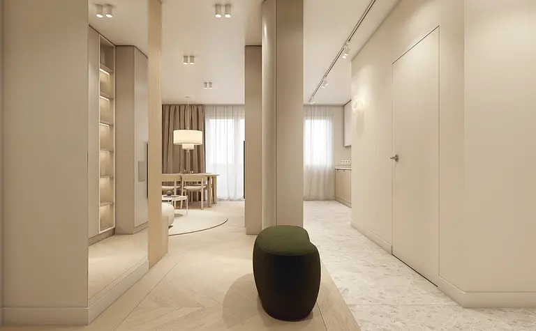 Wnętrze przedpokoju w stylu japandi z minimalistycznym designem, jasnymi kolorami i drewnem.