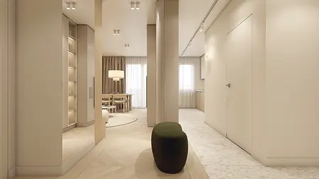 Wnętrze przedpokoju w stylu japandi z minimalistycznym designem, jasnymi kolorami i drewnem.
