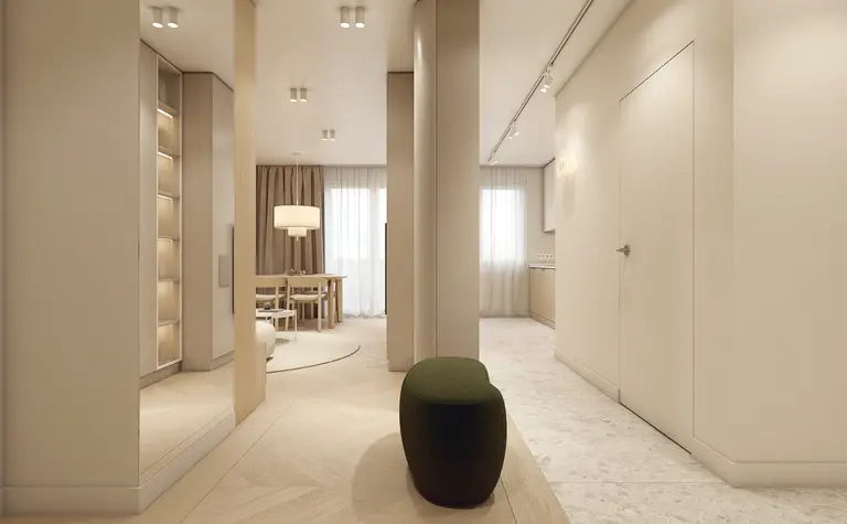 Wnętrze przedpokoju w stylu japandi z minimalistycznym designem, jasnymi kolorami i drewnem.