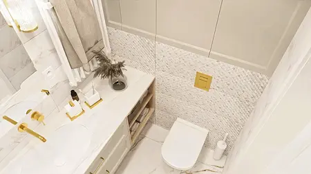Wnętrze łazienki z białymi meblami, złotymi detalami, tradycyjne i nowoczesne.