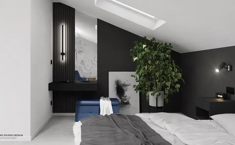 Sypialnia w stylu industrialnym z minimalistycznymi elementami, nowoczesne dodatki