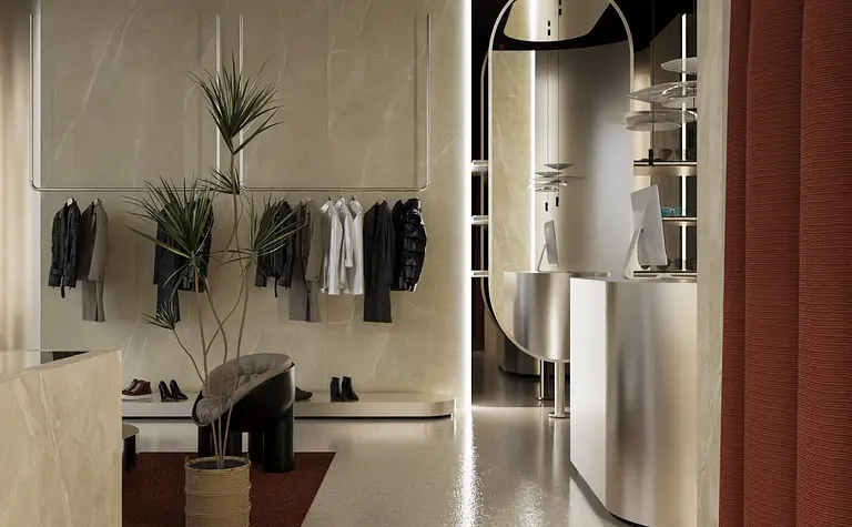 Wnętrze z minimalistycznym designem, glamour i quiet luxury, z rośliną i makietą odzieżową.