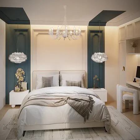 Sypialnia w stylu boho, eklektycznym i glamour z białym łóżkiem i niebieskimi detalami.
