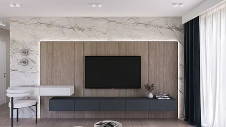 Nowoczesne wnętrze salonu z telewizorem, drewnianą ścianą i minimalistycznym biurkiem.