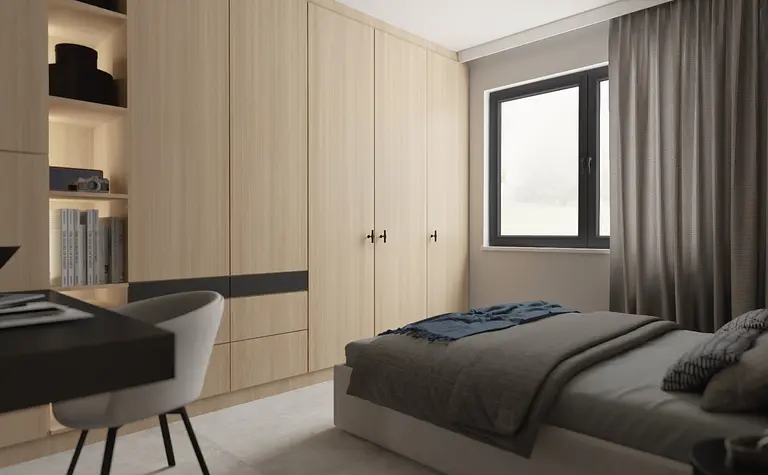 Wnętrze sypialni z drewnianymi meblami oraz szarymi akcentami. Nowoczesny design.