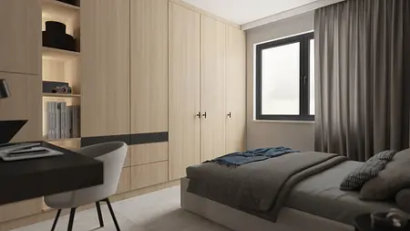 Wnętrze sypialni z drewnianymi meblami oraz szarymi akcentami. Nowoczesny design.