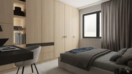 Wnętrze sypialni z drewnianymi meblami oraz szarymi akcentami. Nowoczesny design.
