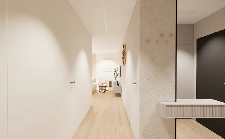 Przedpokój w stylu boho, eklektycznym i minimalistycznym z jasnymi ścianami.