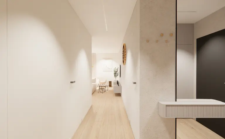 Przedpokój w stylu boho, eklektycznym i minimalistycznym z jasnymi ścianami.