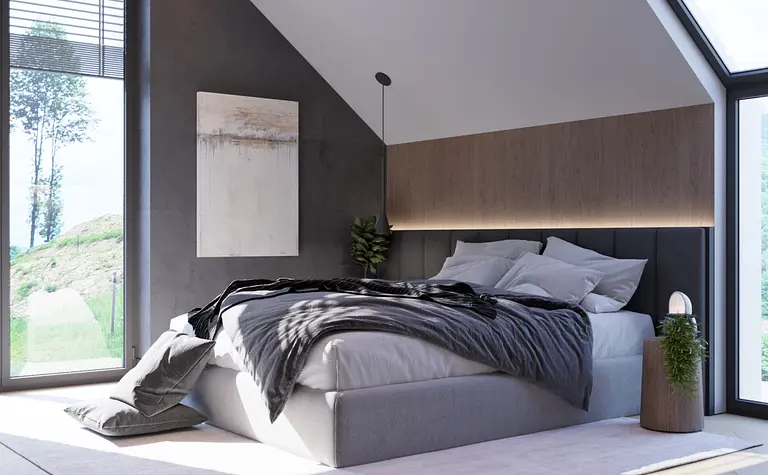 Sypialnia w minimalistycznym stylu z szarym łóżkiem, drewnianymi detalami i dużymi oknami.
