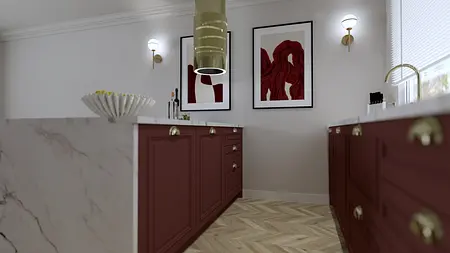 Kuchnia w stylu prowansalskim z burgundowymi meblami i białym blatem.