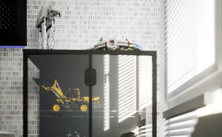 Pokój dziecięcy z zabawkami, eklektycznym designem i nowoczesnym wykończeniem.
