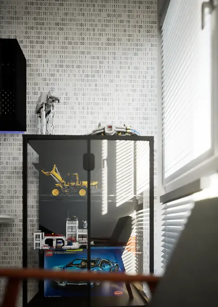 Pokój dziecięcy z zabawkami, eklektycznym designem i nowoczesnym wykończeniem.