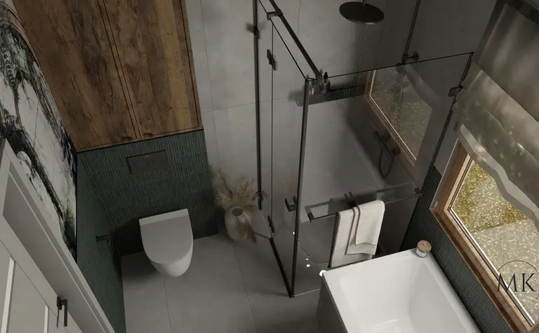 Wnętrze łazienki w stylu art deco, boho, minimaluxe, nowoczesnym z drewnem i zielonymi kafelkami.