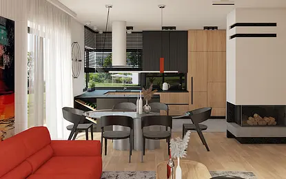 Wnętrze kuchni z minimalistycznym designem, drewniane meble, nowoczesne akcenty.