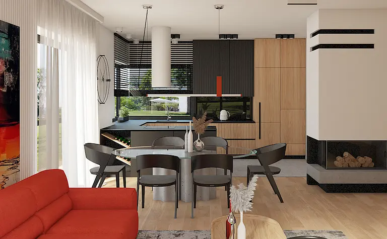 Wnętrze kuchni z minimalistycznym designem, drewniane meble, nowoczesne akcenty.