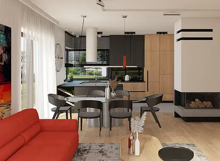 Wnętrze kuchni z minimalistycznym designem, drewniane meble, nowoczesne akcenty.