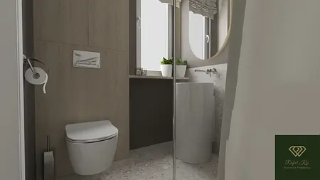 Wnętrze łazienki z białą toaletą, drewnianymi ścianami i nowoczesnym umywalką.