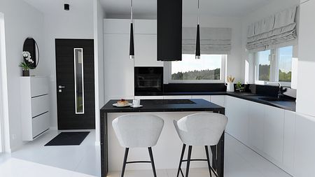 Wnętrze kuchni z białymi meblami i czarnym blatem, minimalistyczny i nowoczesny design.
