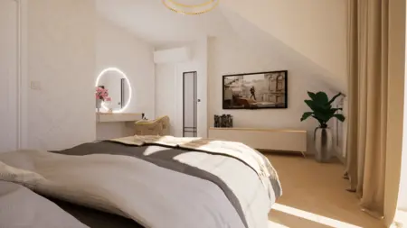 Wnętrze sypialni w stylu nowoczesnym z drewnianymi elementami i roślinnością.
