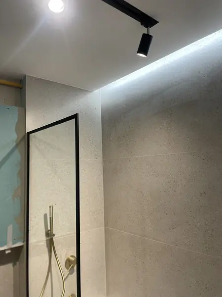 Wnętrze łazienki z szarymi ścianami, czarnym oświetleniem i prysznicem w stylu glamour i nowoczesnym