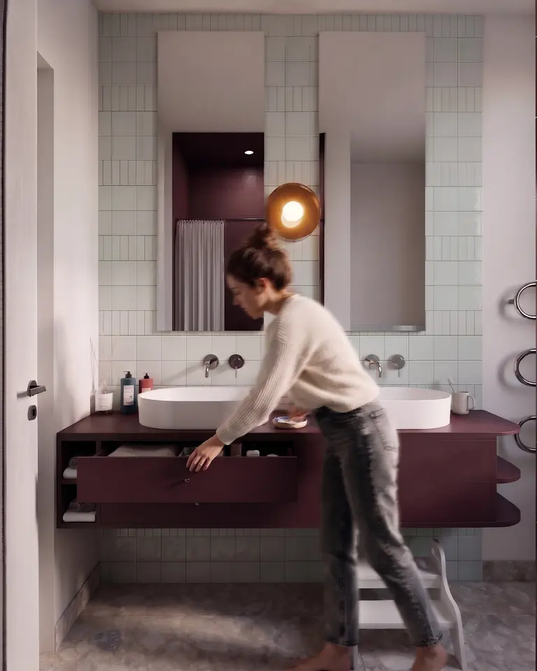 Łazienka z bordową szafką: dopamine decor, minimalistyczny, nowoczesny, skandynawski, soft minimalizm