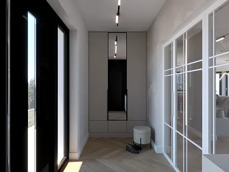 Przedpokój w stylu art deco i quiet luxury z szafą, dużymi oknami i podłogą drewnianą.