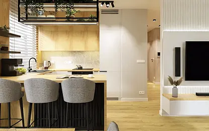 Wnętrze kuchni z industrialnym i minimalistycznym designem, drewniane meble, nowoczesne akcesoria.