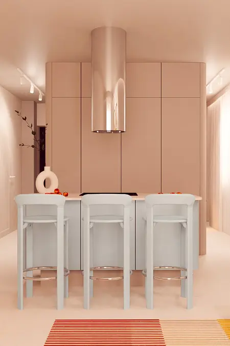 Kuchnia eklektyczna z minimalistycznym wyciągiem i jasnymi meblami.