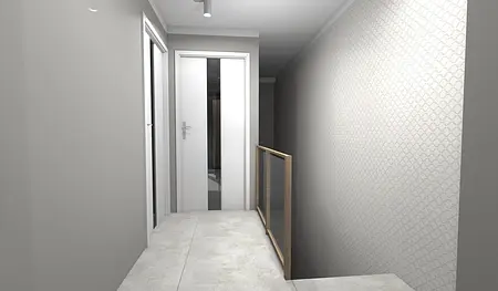 Przedpokój z nowoczesnym designem, drewnianą balustradą i minimalistycznymi detalami.