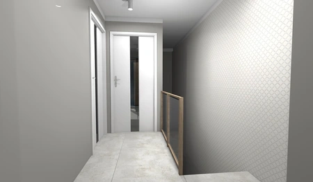 Przedpokój z nowoczesnym designem, drewnianą balustradą i minimalistycznymi detalami.