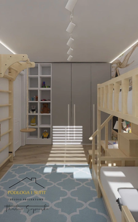 Pokój dziecięcy z łóżkiem piętrowym, szafą i zabawkami, minimalistyczny design.