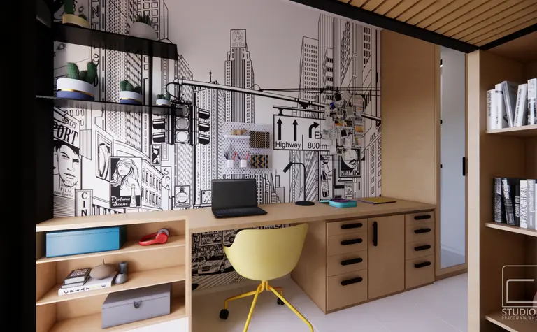 Gabinet z minimalistycznym biurkiem i industrialną tapetą.