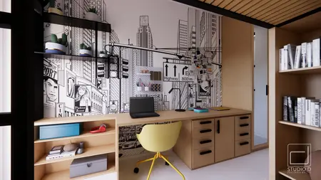 Gabinet z minimalistycznym biurkiem i industrialną tapetą.