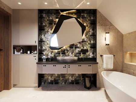 Nowoczesna łazienka z minimalistycznym designem i eleganckimi detalami.