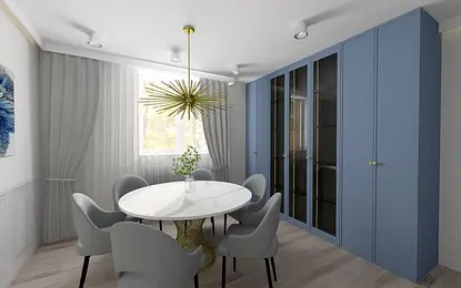 Wnętrze jadalni z niebieskimi meblami, białym stołem i lampą w stylu art deco.