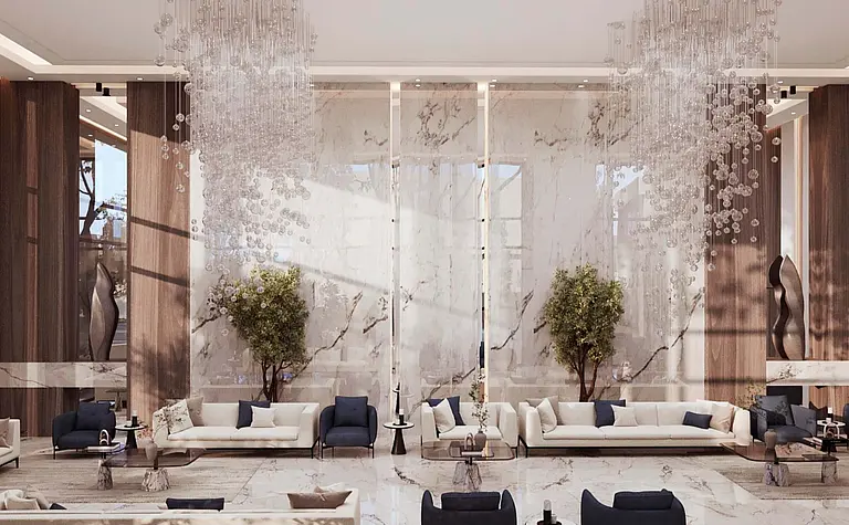 Wnętrze salonu w stylu glamour i minimalistycznym z nowoczesnymi meblami.