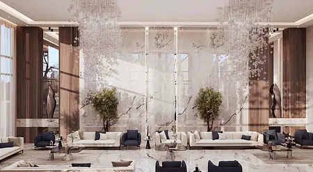 Wnętrze salonu w stylu glamour i minimalistycznym z nowoczesnymi meblami.