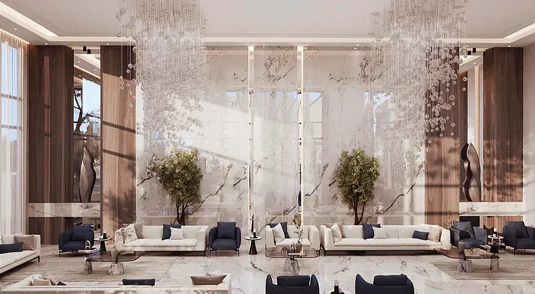 Wnętrze salonu w stylu glamour i minimalistycznym z nowoczesnymi meblami.