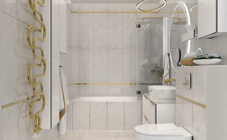 Nowoczesna łazienka z białymi kafelkami, złotymi detalami, w stylu boho i minimaluxe.