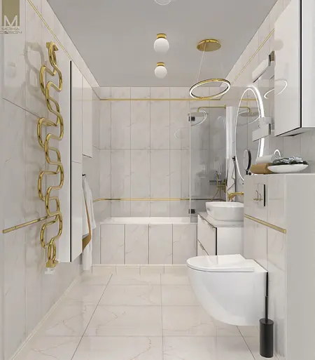 Nowoczesna łazienka z białymi kafelkami, złotymi detalami, w stylu boho i minimaluxe.