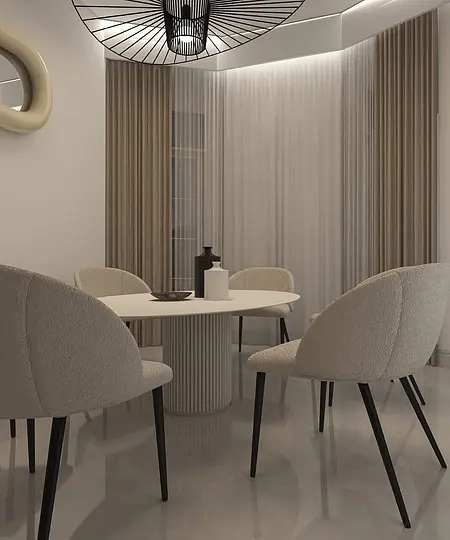 Wnętrze jadalni w stylu japandi i minimalistycznym z jasnym stołem i krzesłami.