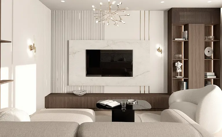 Wnętrze salonu w stylu minimalistycznym z nowoczesnymi meblami i drewnianymi detalami.