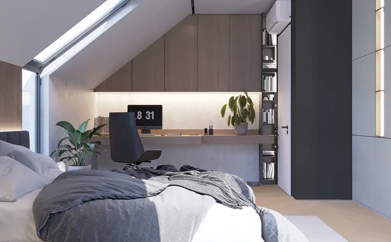 Wnętrze sypialni z biurkiem, roślinami i minimalistycznym designem.